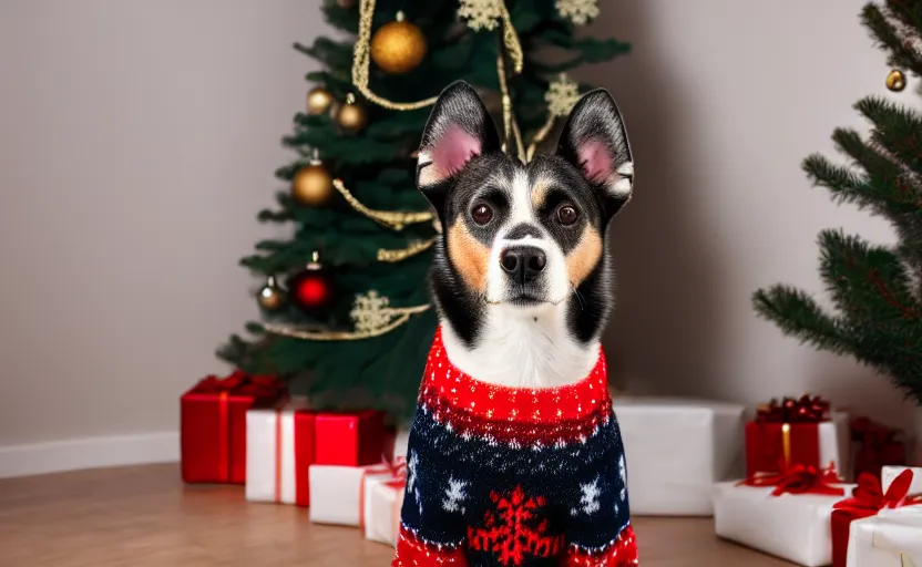 Image similar to studio photography of a dog wearing a woolen christmas sweater in front of a christmas tree, detailed face, cinematic lighting, 8 k