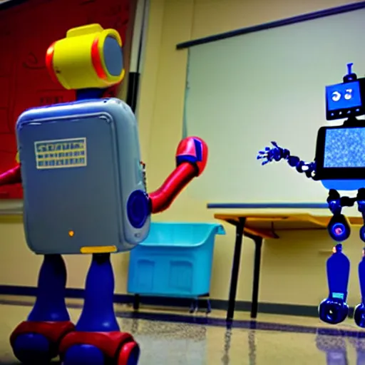 Image similar to a robot teaching kids in an elementary school, national geographic photography, 3 d