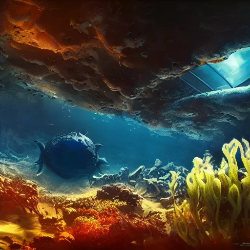 Prompt: vanishing perspective underwater view of the alien landscape underwater on the ocean bed, deep blue ocean color, some plant life, alien fish swimming on the background, cinematic perspective, cinematic lighting, matte painting, detailed, sci - fi, hdr, 4 k, artstation