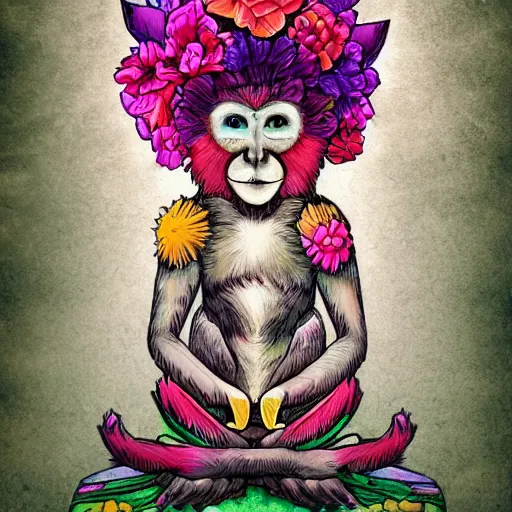 Prompt: colorful flowerpunk white monkey meditation, natural background, fantasy character