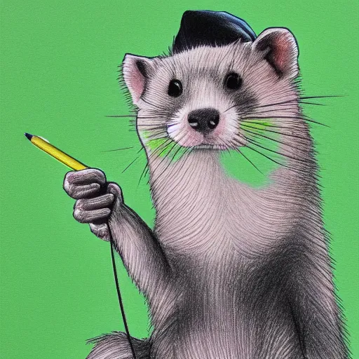 Image similar to A ferret wearing a bright green t-shirt, wearing black jeans, wearing a beanie, Pencil drawing, hyper-detailed, very realistic