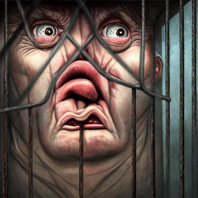 Image similar to behind bars of jail gediminas pranckevicius | close up portrait of a the trump behind jail bars in the sinister valley of despair, one mouth, one nose, two eyes, oil painting by tomasz jedruszek, cinematic lighting, pen and ink, intricate line, hd, 4 k, million of likes, trending on artstation