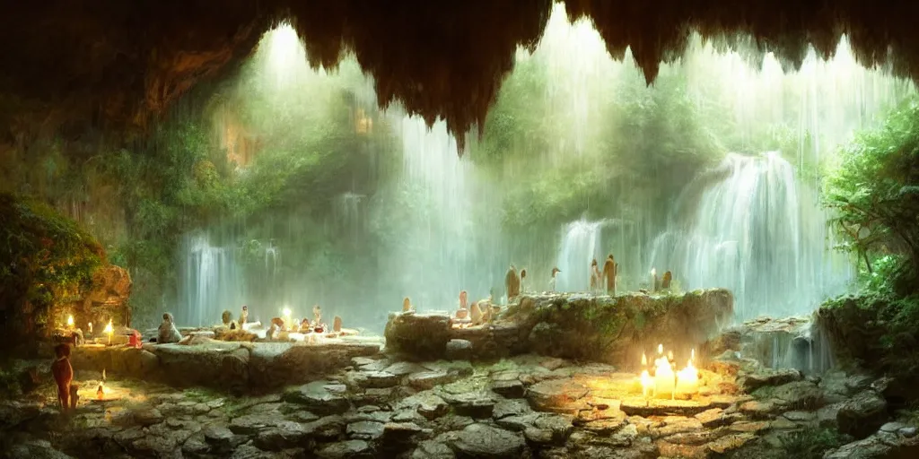 Prompt: detailed interior of cozy hotsprings hidden inside a cave, small waterfalls, lush vegetation, flowers, towels, plates of fruit, candlelight, digital painting, concept art, light shafts, stunning atmosphere, by Greg Rutkowski, cinematic lighting