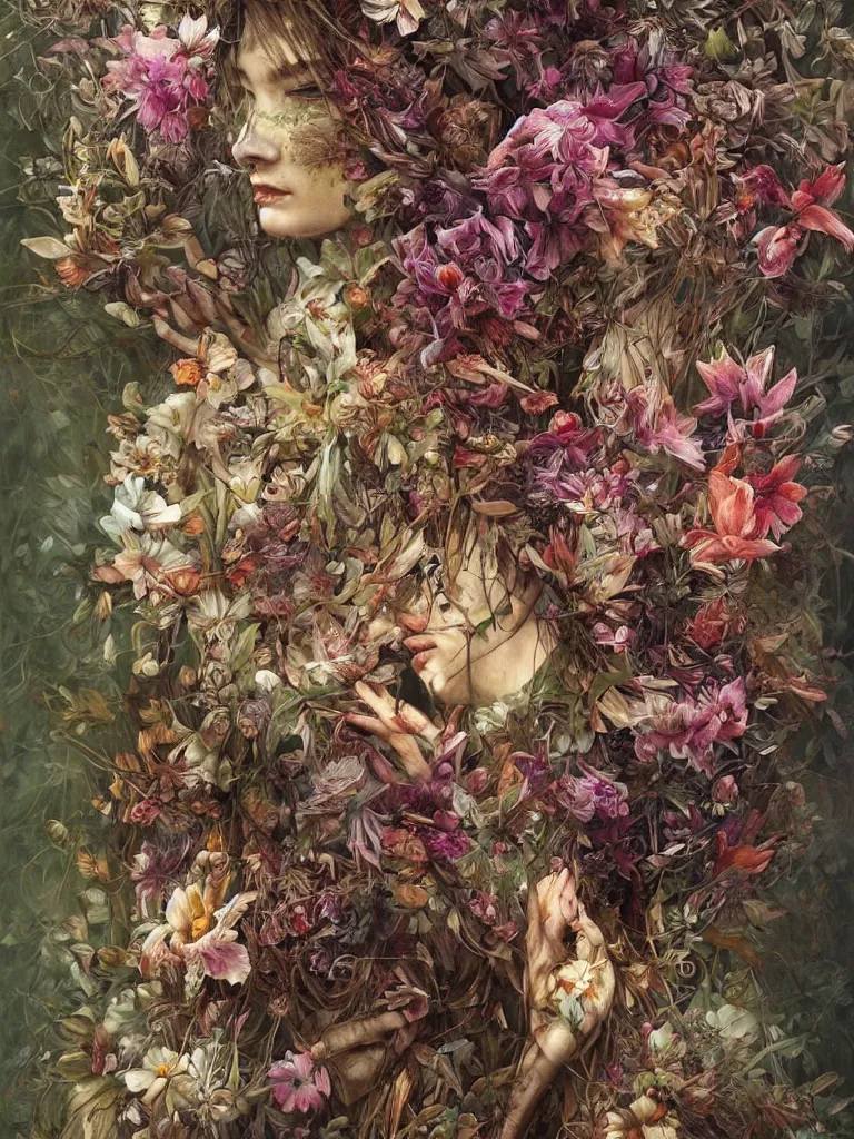 Image similar to a chaotic whirlwind of exotic forest flowers and leaves, intricate details, aesthetically pleasing and harmonious natural colors, art by marco mazzoni, impressionism, detailed, dark, spring, flowers