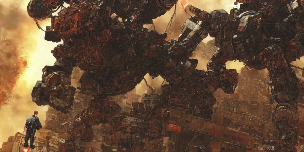 Image similar to a warrior climbing into a giant fighting robot by katsuhiro otomo, neotokyo, 4 k