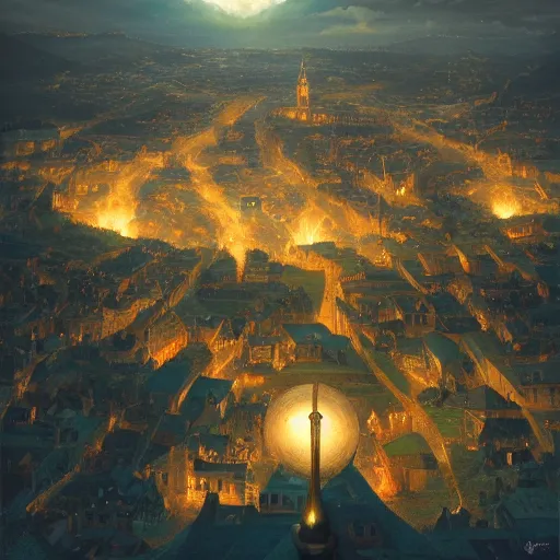Image similar to aerial view of a medieval town lit by a glowing orb hanging in the sky. by alan lee by peter mohrbacher, trending on artstation sharp focus vfx key shot
