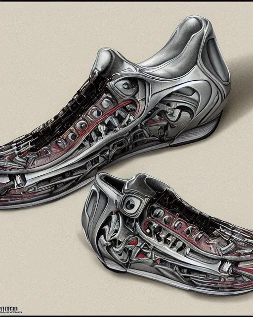 Image similar to shoes design by frank franzetta, biomechanical, 4 k, hyper detailed