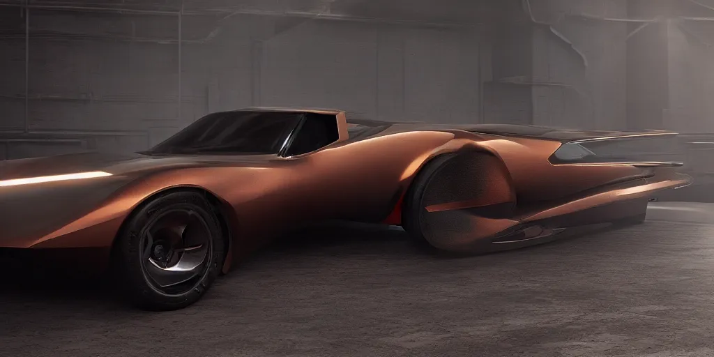 Image similar to a design of a futuristic Corvette C2 1969, designed by Polestar, blade runner background, stained antique copper car paint, black windows, dark show room, dramatic lighting, hyper realistic render, depth of field