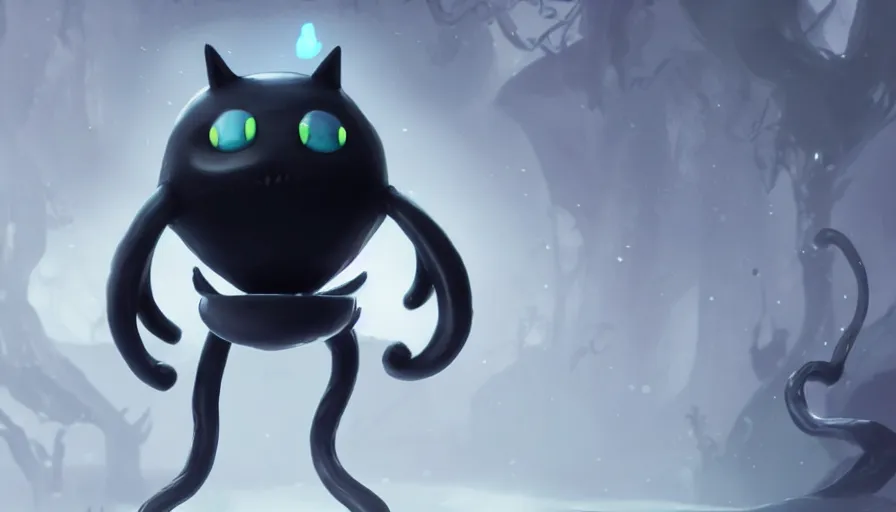 Image similar to a digital art portrait of black slime cat character design from hollow knight, cute liquid ink cat 4 k, ultra detail, volumetric lighting, unreal engine, octane render