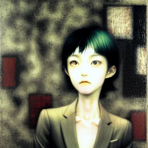 Image similar to yoshitaka amano blurred and dreamy realistic three quarter angle portrait of a young woman with short hair and black eyes wearing office suit with tie, junji ito abstract patterns in the background, satoshi kon anime, noisy film grain effect, highly detailed, renaissance oil painting, weird portrait angle, blurred lost edges