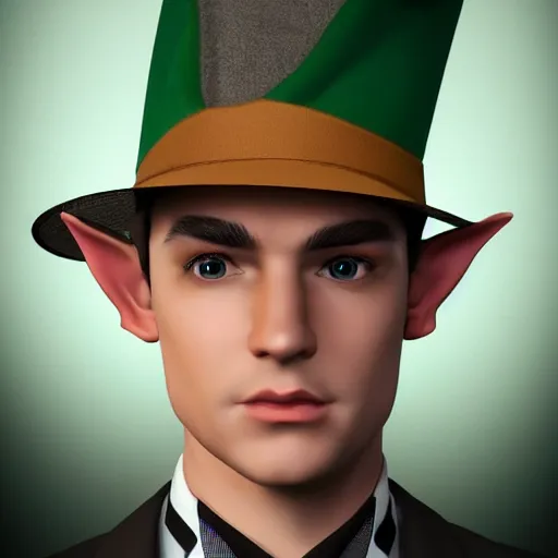 Image similar to an elf in a suit, gatsby hat, detailed portrait, detailed face, perfect lighting hd, 4 k, realistic