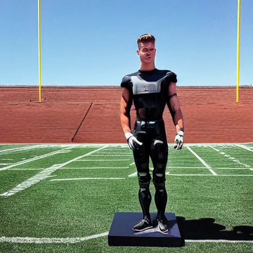 Image similar to “ a realistic detailed photo of a guy who is an attractive humanoid who is half robot and half humanoid, who is a male android, football player christian mccaffrey, shiny skin, posing like a statue, blank stare, on the field, on display ”