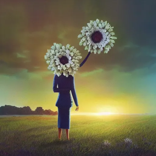 Prompt: giant daisy flower head, standing, a girl in a suit, surreal photography, sunrise, dramatic light, impressionist painting, digital painting, artstation, simon stalenhag