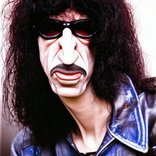 Image similar to The Lovechild of Joey Ramone and Frank Zappa, real life, hyperrealistic, ultra realistic, realistic, highly detailed, epic, HD quality, 8k resolution, body and headshot, front facing, front view, headshot and bodyshot, detailed face, very detailed face