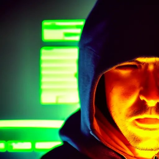 Image similar to portrait of a programmer with green hood by greg rutkowski, neon light, close up