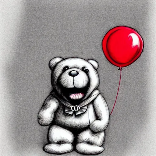 Prompt: surrealism grunge cartoon portrait sketch of a teddy bear with a wide smile and a red balloon by - michael karcz, loony toons style, billie eilish style, horror theme, detailed, elegant, intricate