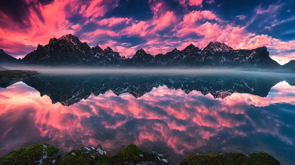 Image similar to amazing landscape photo of mountains with lake in sunset by marc adamus, beautiful dramatic lighting