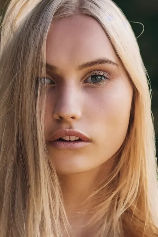 Image similar to head shot photo of a olive skinned blonde female model in her twenties, silky straight hair, wearing a designer top, looking content, photo realistic, extreme detail skin, natural beauty, no filter, slr, golden hour, 4 k, high definition, selfie