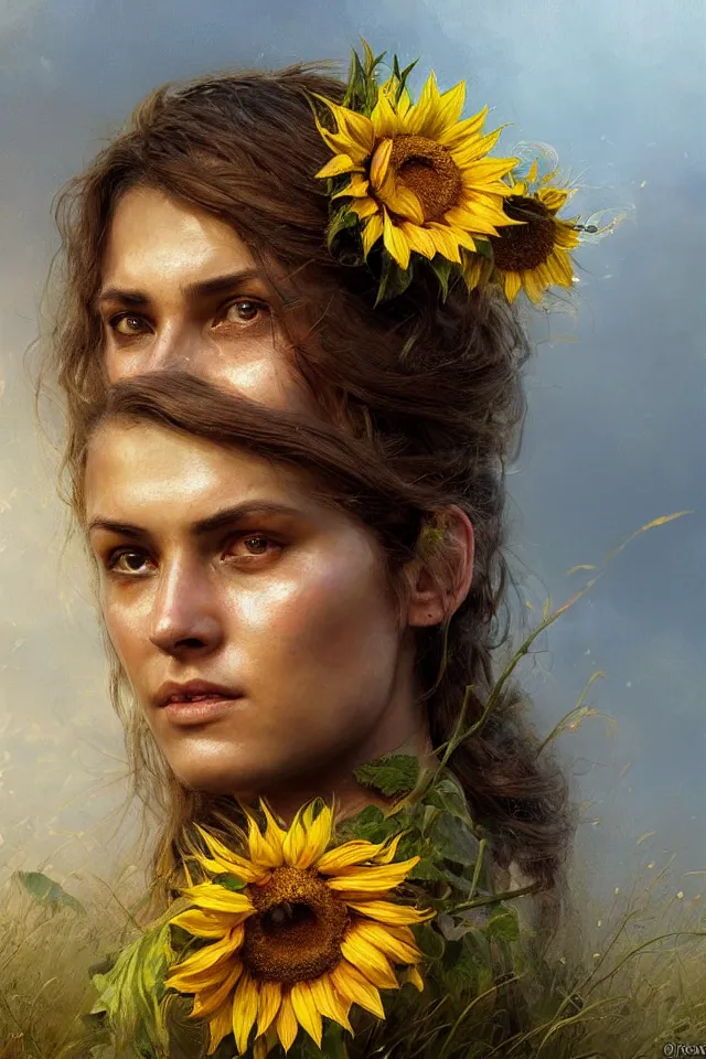 Image similar to face portrait of a female ukraine soldier with a sunflower in her hair, summer season, moody scene, highly detailed, intricate, sharp details, summer vibe, gorgeous scene by gaston bussiere, craig mullins, somber lighting, drawn by giacomo burattini, inspired by graphic novel cover art, hyperrealistic, 8 k by rhads