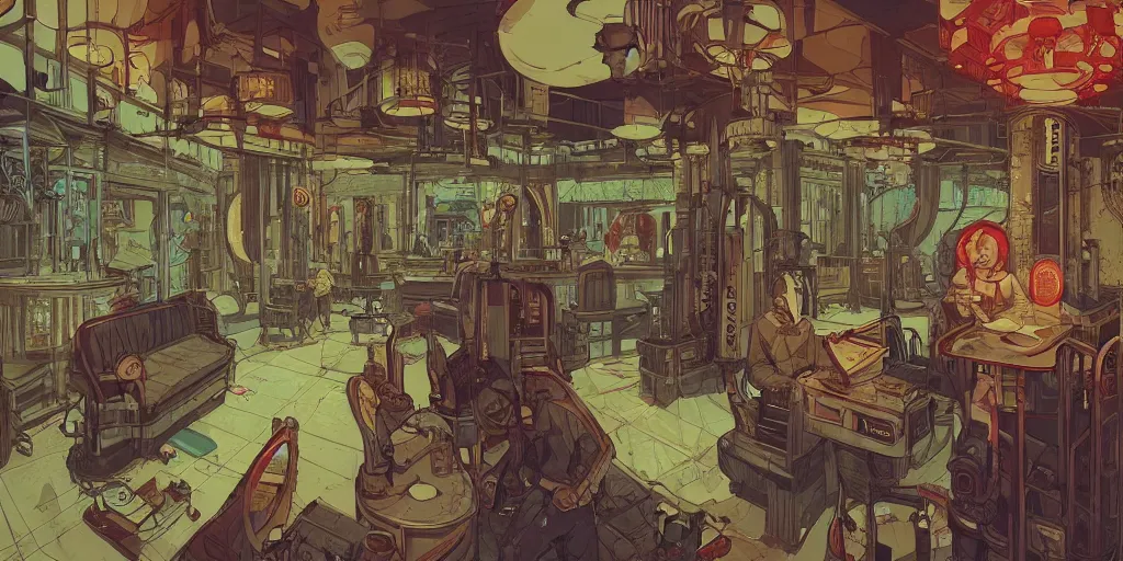 Prompt: a study of cell shaded cartoon of the interior of a bioshock style art deco city, illustration, post grunge, concept art by josan gonzales and wlop, by james jean, victo ngai, david rubin, mike mignola, laurie greasley, highly detailed, sharp focus, trending on artstation, hq, deviantart, art by artgem