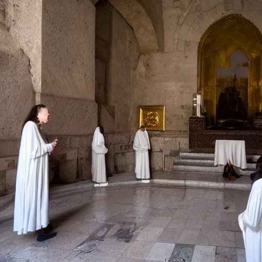 Image similar to 3 mary's, talking to 2 angels at the tomb of jesus, medium wide shot, velasquez