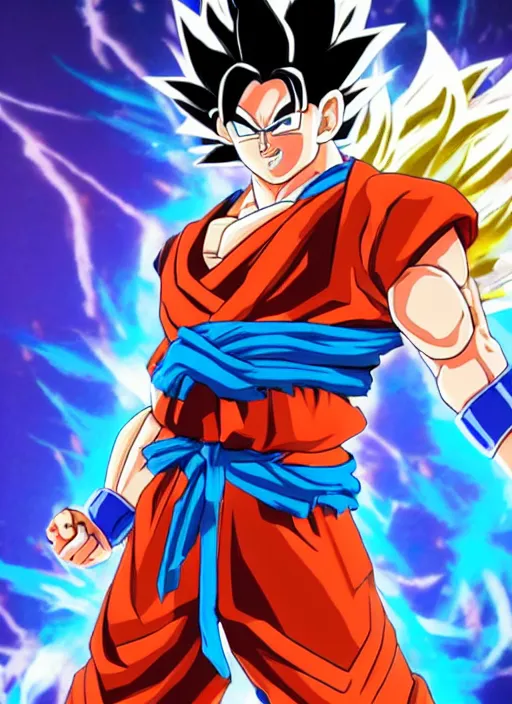 Image similar to game still of a sayan goku as a fortnite skin in fortnite by fortnite, pose.