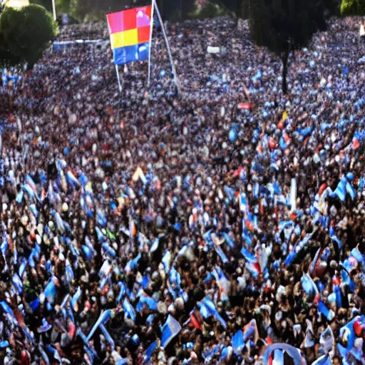 Image similar to Lady Gaga as president, Argentina presidential rally, Argentine flags behind, bokeh, giving a speech, detailed face, Argentina