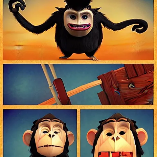 Image similar to Evil genius monkey, carpenter by trade, tool belt, hammer, in the style of Kubo And The Two Strings