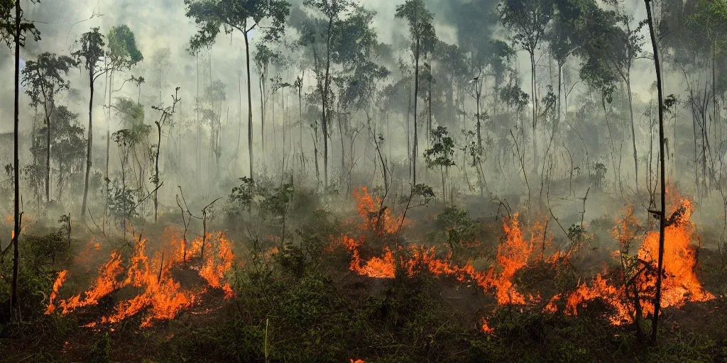 Prompt: amazon forest burning, apocalyptic, very detailed, wide - angle lens, digital art.