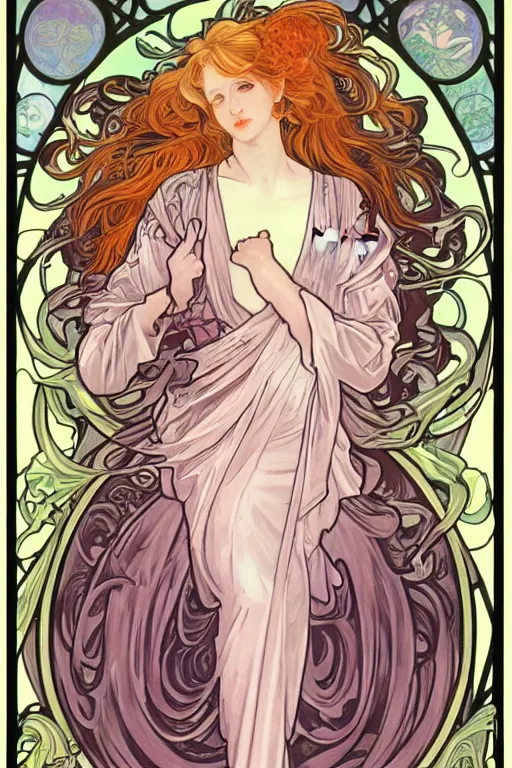 Image similar to Female angelic Fae in the style of Ayami Kojima and Alphonse Mucha