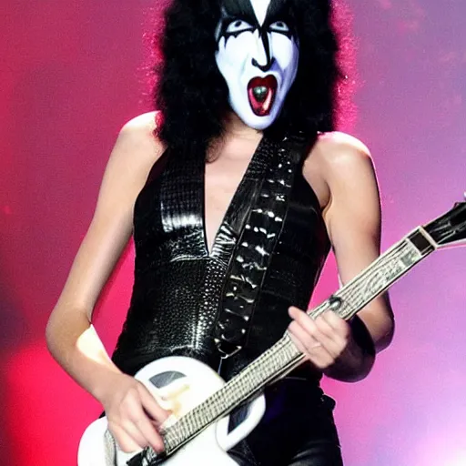 Prompt: taylor swift dressed as gene simmons singing in a KISS cover band, associated press
