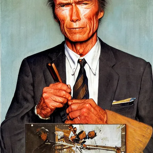 Image similar to a portrait painting of Clint Eastwood. Painted by Norman Rockwell