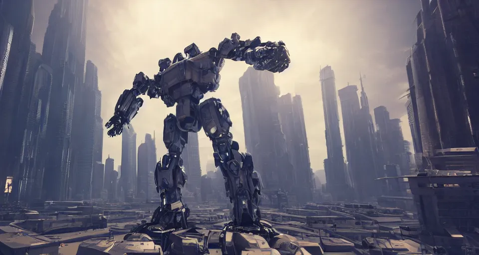 Prompt: a photo of a giant mech towering over astronauts in a futuristic city, ultra realistic, hyper - detailed, unreal engine, raytraced lighting,