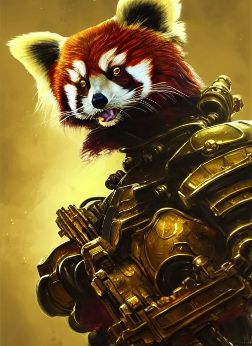 Image similar to red panda as warhammer 4 0 k emperor, gold, green leaf, trees, portrait, intricate, elegant, highly detailed, digital painting, artstation, concept art, wallpaper, smooth, sharp focus, illustration, art by h. r. giger and artgerm and greg rutkowski and alphonse mucha