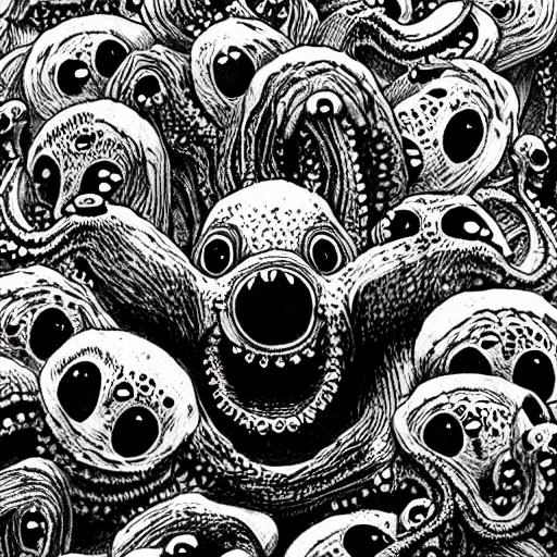 Image similar to a cute but frightening corgi with many eyes and tentacles, detailed horror manga drawing by junji ito, kentaro miura