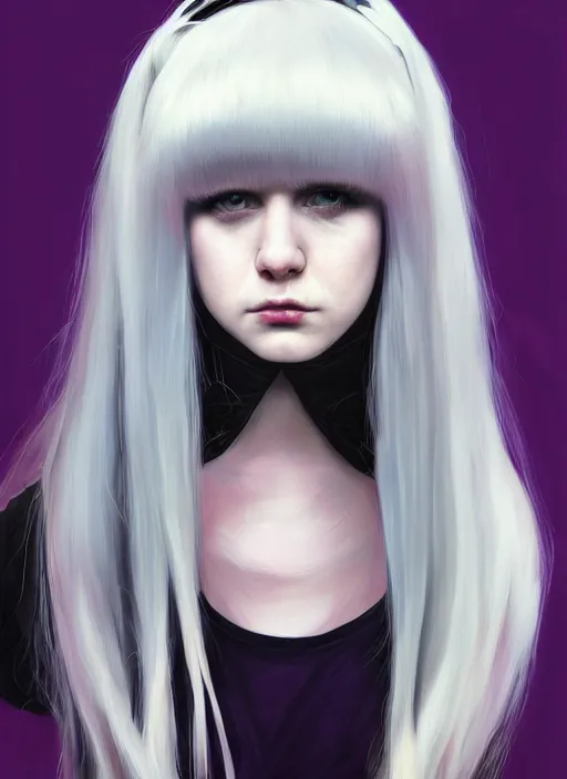 Prompt: portrait of white teenage girl named shrill prisston, normal face, black bangs, mall goth, cyberlox, black hair white bangs, fluffy bangs, red irises, purple hairband, intricate, elegant, highly detailed, digital painting, artstation, concept art, sharp focus, smooth, illustration, art by wlop, mars ravelo and greg rutkowski