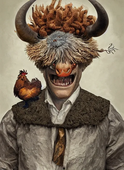 Image similar to a hyper detailed painting of an anthropomorphic joaquin phoenix as the king of animals, cow horns, pig nose, sheep wool, chicken feathers, horror, by anna podedworna, by miklos ligeti, by diego maricato, by taran fiddler, by antonino truisi, by chris reddie, on artstation