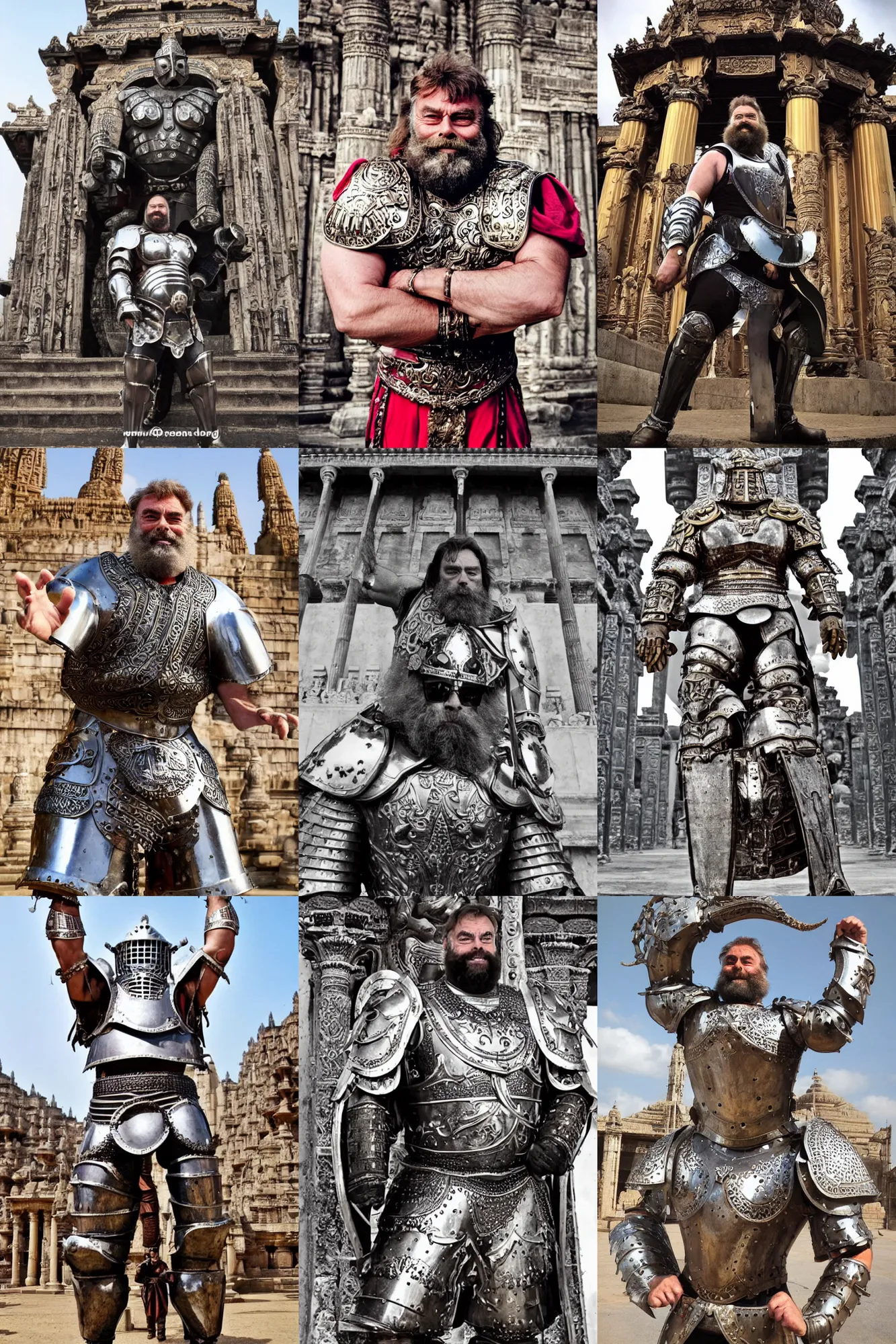 Prompt: brian blessed in plain metal armour outside a magnificent temple. huge bulging muscles. dynamic action pose. bollywood action movie poster.