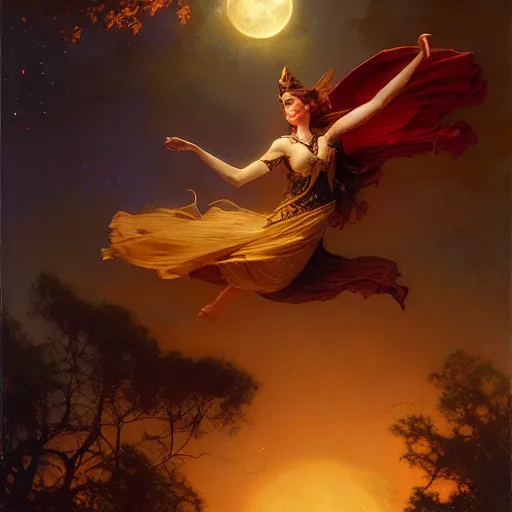 Image similar to attractive witch magically flying trough the night, fantasy, full moon in background. highly detailed painting by gaston bussiere, craig mullins, j. c. leyendecker 8 k