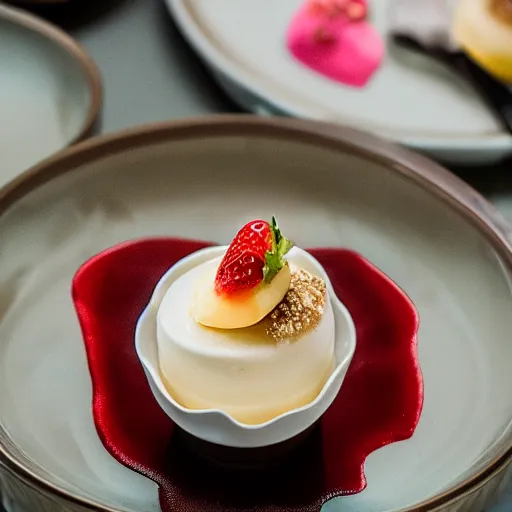 Image similar to extremely delicious looking photo of beautiful sweet unique style dessert in fancy stylish cup, very expensive top quality product, michelin star, most perfect desert on the world, small manufacture, unique style, 8 k, product photography, professional studio photography