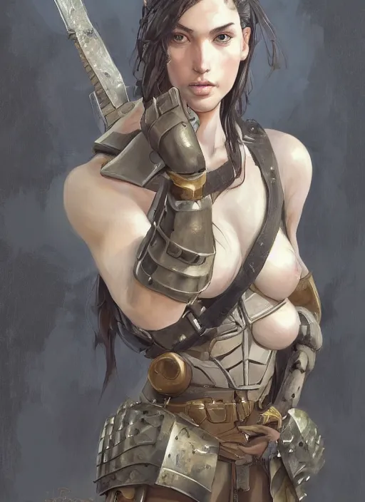 Prompt: a professionally painting of an attractive young female, partially dressed in battle armor, olive skin, long dark hair, beautiful bone structure, perfectly proportioned, symmetrical facial features, intricate, elegant, heroic pose, digital painting, concept art, smooth, sharp focus, finely detailed, beautifully framed, from Metal Gear, by Ruan Jia and Mandy Jurgens and William-Adolphe Bouguerea