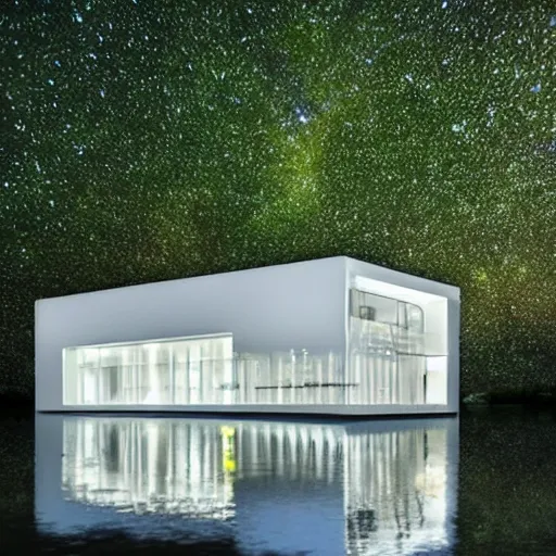 Image similar to futuristic organic white concrete house in the middle of a lush forest at night, a beautiful lake next to it, starry sky