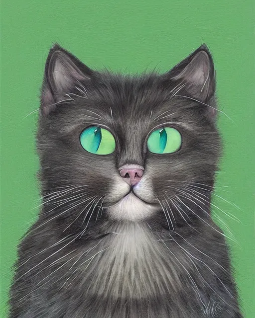 Image similar to a cute cat with large green eyes with a huge afro on its head, by aaron blaise