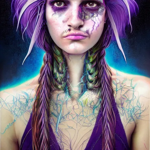 Image similar to detailed photo portrait of a furious teen girl with thin, hair-like purple tentacles on her head and bright purple eyes, 8k,by tristan eaton, Stanley Artgermm,Tom Bagshaw,Greg Rutkowski,Carne Griffiths,trending on DeviantArt, face enhance,hyper detailed ,full of colour, dramatic lightning