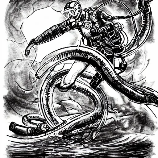 Image similar to old drawing of a scuba diver fighting against a kraken underwater, under water scenery, dramatic lighting, intense, epic, drawing, sketchbook