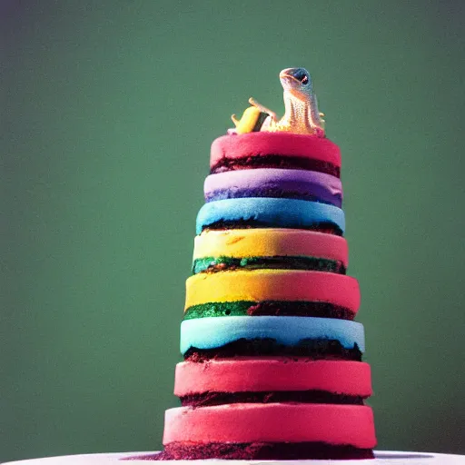 Prompt: photo of lizard standing on top of rainbow icing cake, cinestill, 8 0 0 t, 3 5 mm, full - hd