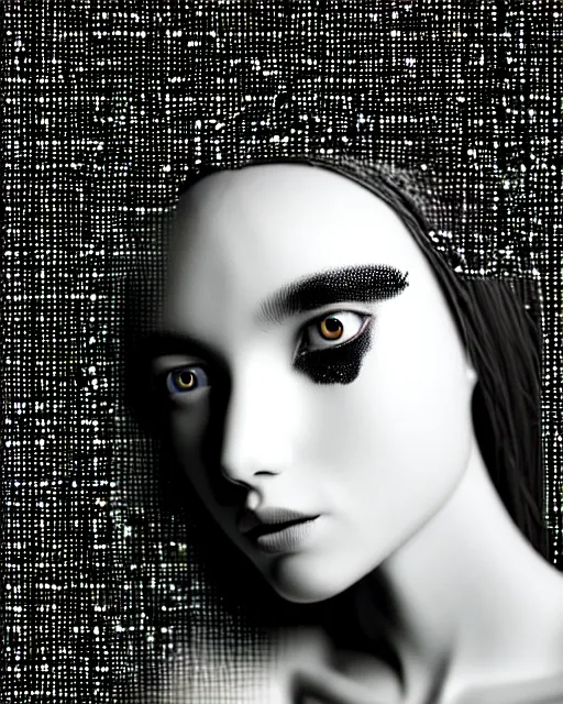 Image similar to black and white spiritual connected young female cyborg - plant goddess high quality photo, microchip, artificial intelligence, bio - mechanical bio - luminescence, black wired cables, neurons, nerve cells, cinematic, rim light, photo - realistic, elegant, high detail, 8 k, masterpiece, high fashion