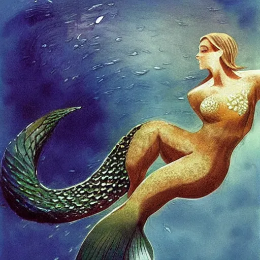 Prompt: Beautiful mermaid swimming, by Dave McKean, saw