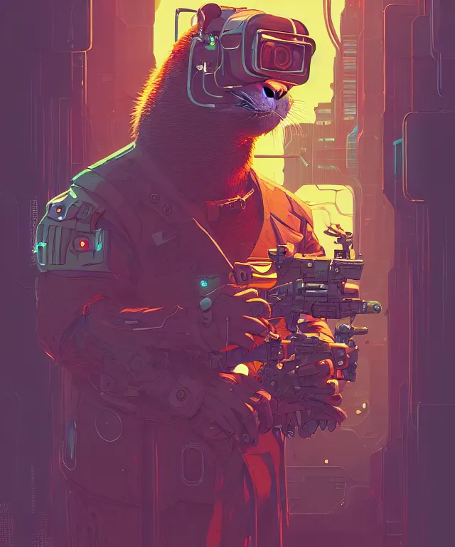 Image similar to a portrait of an anthropomorphic cyberpunk beaver holding a chaingun, cyberpunk!, fantasy, elegant, digital painting, artstation, concept art, matte, sharp focus, illustration, art by josan gonzalez