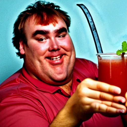Prompt: john candy floating in pool of bbq sauce, holding up drink of bbq sauce, beckoning camera, drink rested on belly, bbq sauce heaven